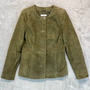 Coldwater Creek Leather Suede Moss Green Jacket Woman's Sz M Button Fully Lining
